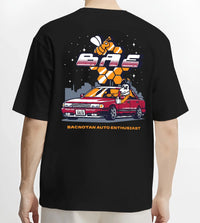 Black T-shirt worn by a male model, back view, featuring street retro enthusiast racing performance motorsport automotive graphic.