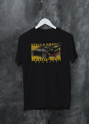 Black crewneck T-shirt on a hanger against a grey wall, featuring Porsche 911 rs racing jdm stance widebody rwb street graphic.