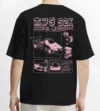 Black T-shirt worn by a male model, back view, featuring Honda S2000 jdm japanese street retro racing performance graphic.