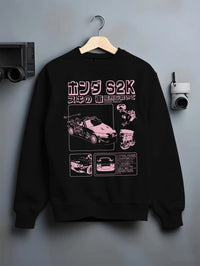 Black crewneck sweatshirt on a hanger against a grey wall, featuring Honda S2000 jdm japanese street retro racing graphic.