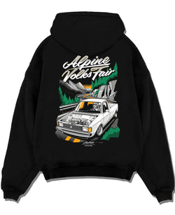 Black pullover hoodie laid flat on a white background, featuring Volkswagen street retro racing performance motorsport graphic.