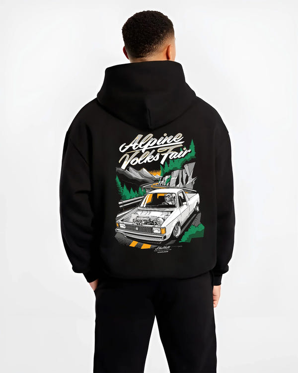 Black hoodie worn by a male model, back view, featuring Volkswagen street retro racing performance motorsport automotive graphic.