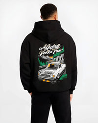 Black hoodie worn by a male model, back view, featuring Volkswagen street retro racing performance motorsport automotive graphic.