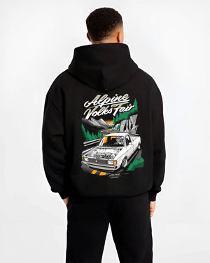 Black hoodie worn by a male model, back view, featuring Volkswagen street retro racing performance motorsport automotive graphic.
