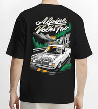 Black T-shirt worn by a male model, back view, featuring Volkswagen street retro racing performance motorsport automotive graphic.