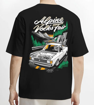 Black T-shirt worn by a male model, back view, featuring Volkswagen street retro racing performance motorsport automotive graphic.