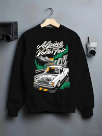 Black crewneck sweatshirt on a hanger against a grey wall, featuring Volkswagen street retro racing performance motorsport graphic.
