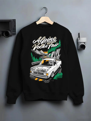 Black crewneck sweatshirt on a hanger against a grey wall, featuring Volkswagen street retro racing performance motorsport graphic.
