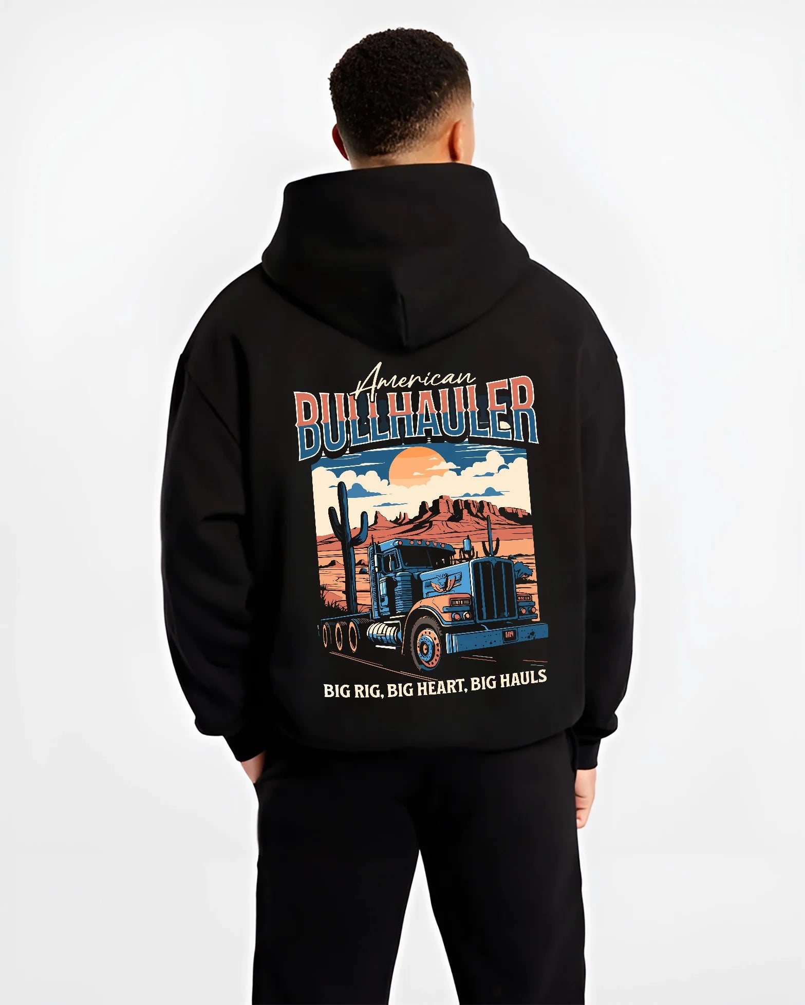 Black hoodie worn by a male model, back view, featuring american street classic racing performance motorsport automotive graphic.