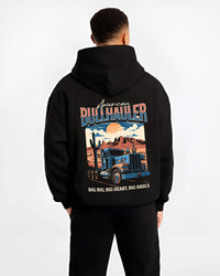 Black hoodie worn by a male model, back view, featuring american street classic racing performance motorsport automotive graphic.