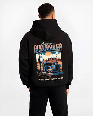 Black hoodie worn by a male model, back view, featuring american street classic racing performance motorsport automotive graphic.
