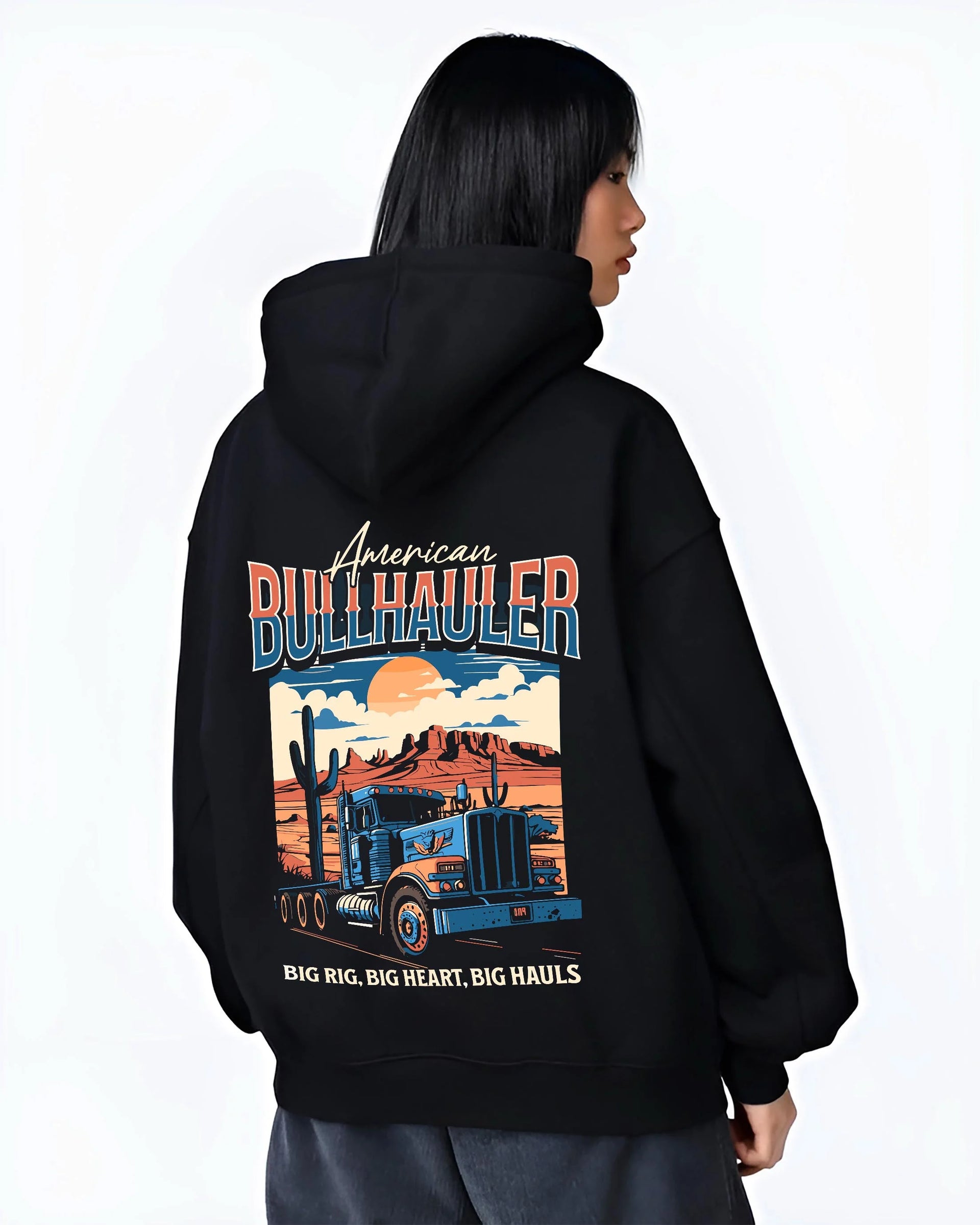 Black hoodie worn by a female model, back view, featuring american street classic racing performance motorsport automotive graphic.