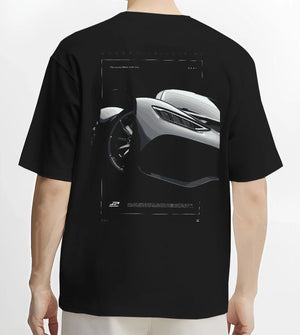 Black T-shirt worn by a male model, back view, featuring Mercedes-Benz AMG rs racing motorsport street performance graphic.