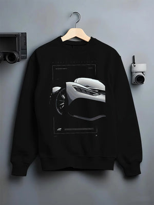 Black crewneck sweatshirt on a hanger against a grey wall, featuring Mercedes-Benz AMG rs racing motorsport street graphic.