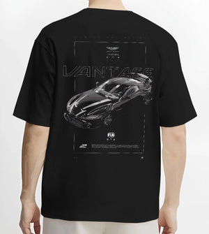 Black T-shirt worn by a male model, back view, featuring Aston Martin Vantage gt3 rs racing motorsport street performance graphic.