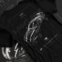Black T-shirt laid flat with natural fabric folds, featuring Aston Martin Vantage gt3 rs racing motorsport street graphic.