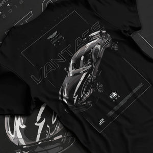 Black T-shirt laid flat with natural fabric folds, featuring Aston Martin Vantage gt3 rs racing motorsport street graphic.