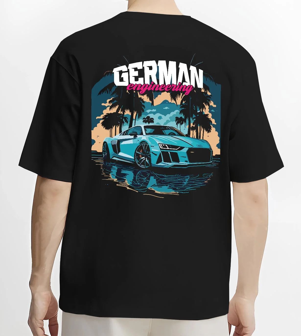 Black T-shirt worn by a male model, back view, featuring Audi R8 german street racing performance motorsport automotive graphic.