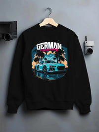 Black crewneck sweatshirt on a hanger against a grey wall, featuring Audi R8 german street racing performance motorsport graphic.