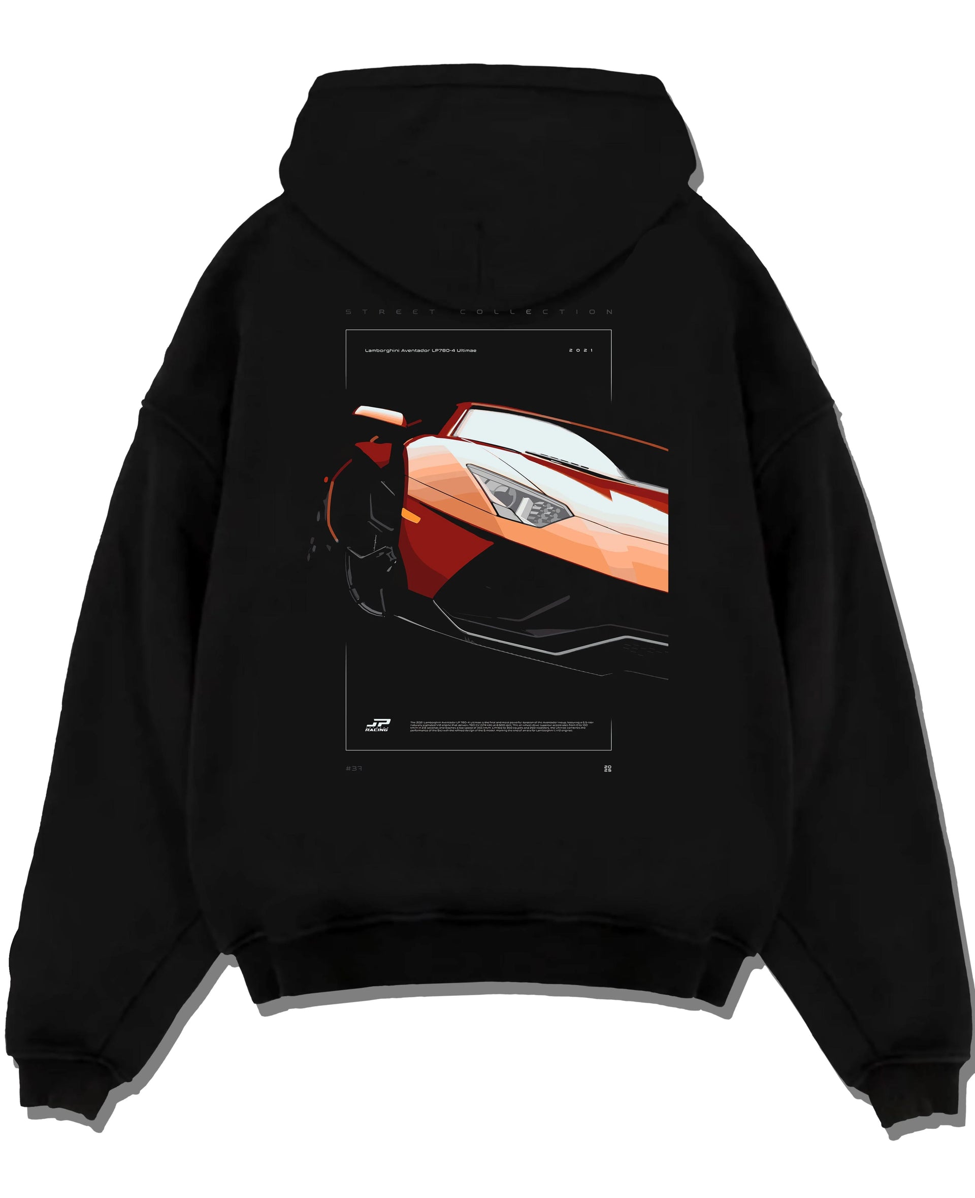 Black pullover hoodie laid flat on a white background, featuring Lamborghini Aventador racing street performance motorsport graphic.