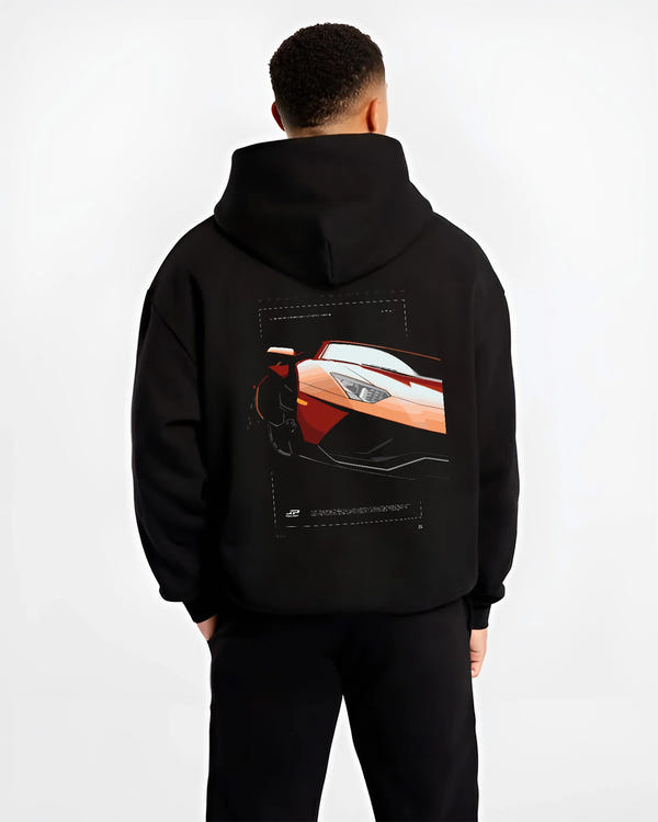 Black hoodie worn by a male model, back view, featuring Lamborghini Aventador racing street performance motorsport graphic.
