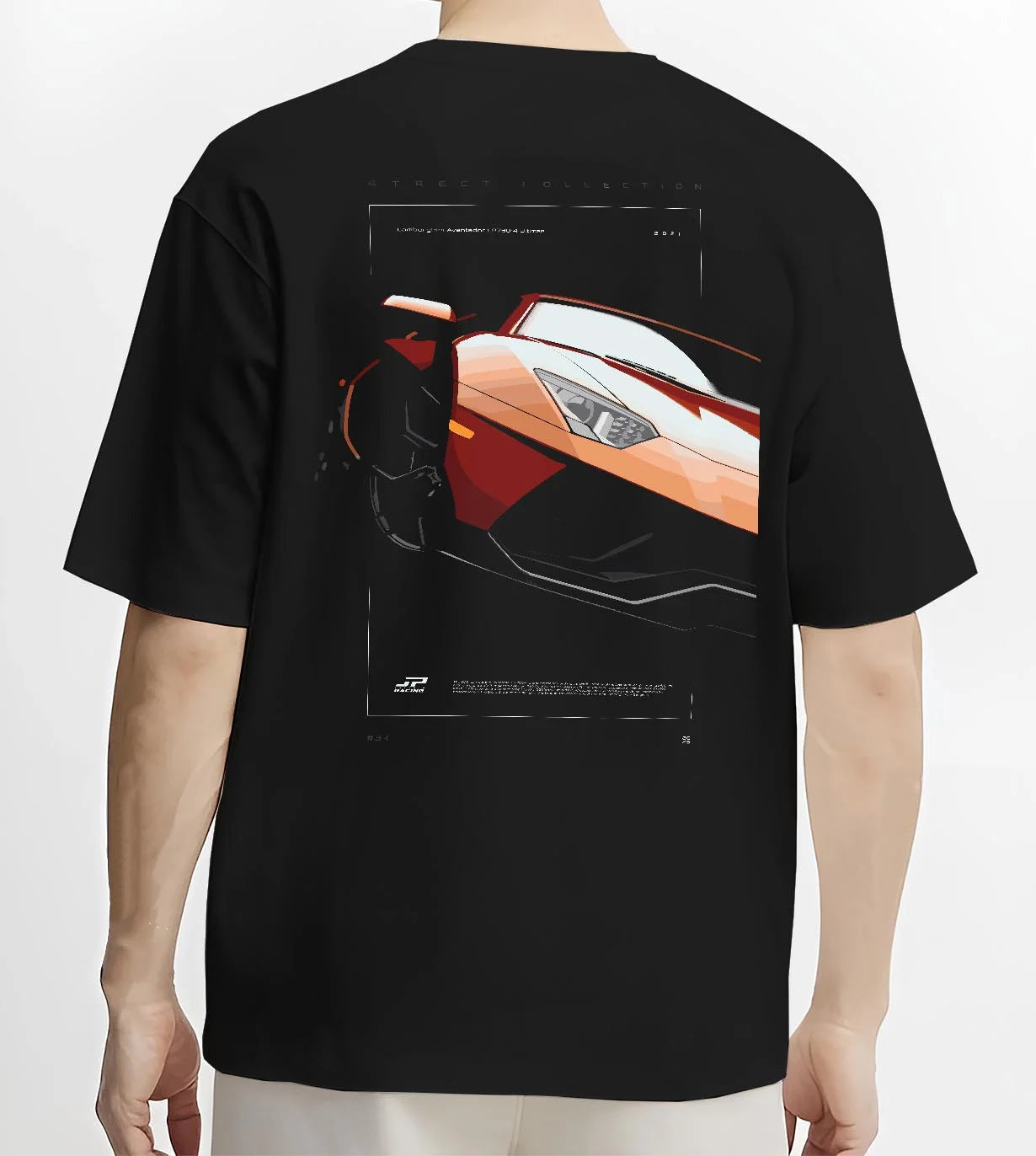 Black T-shirt worn by a male model, back view, featuring Lamborghini Aventador racing street performance motorsport graphic.