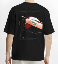 Black T-shirt worn by a male model, back view, featuring Lamborghini Aventador racing street performance motorsport graphic.
