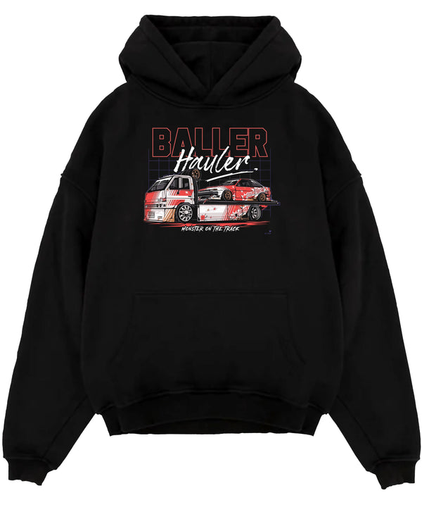 Black pullover hoodie laid flat on a white background, featuring racing drift japanese tuner street performance motorsport graphic.