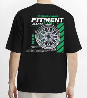 Black T-shirt worn by a male model, back view, featuring racing jdm stance street performance motorsport automotive graphic.