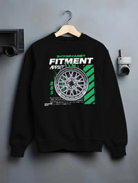 Black crewneck sweatshirt on a hanger against a grey wall, featuring racing jdm stance street performance motorsport graphic.