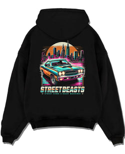 Black pullover hoodie laid flat on a white background, featuring racing drift muscle street retro beast performance graphic.