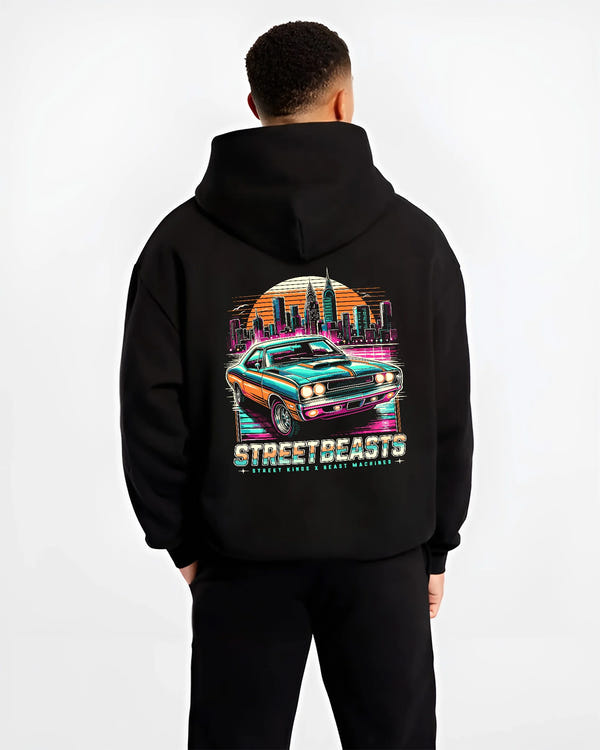 Black hoodie worn by a male model, back view, featuring racing drift muscle street retro beast performance motorsport graphic.
