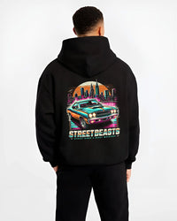 Black hoodie worn by a male model, back view, featuring racing drift muscle street retro beast performance motorsport graphic.