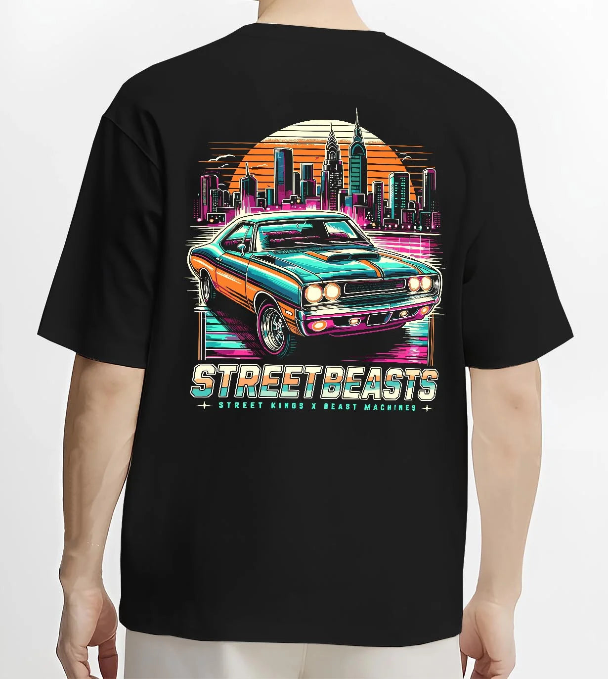 Black T-shirt worn by a male model, back view, featuring racing drift muscle street retro beast performance motorsport graphic.