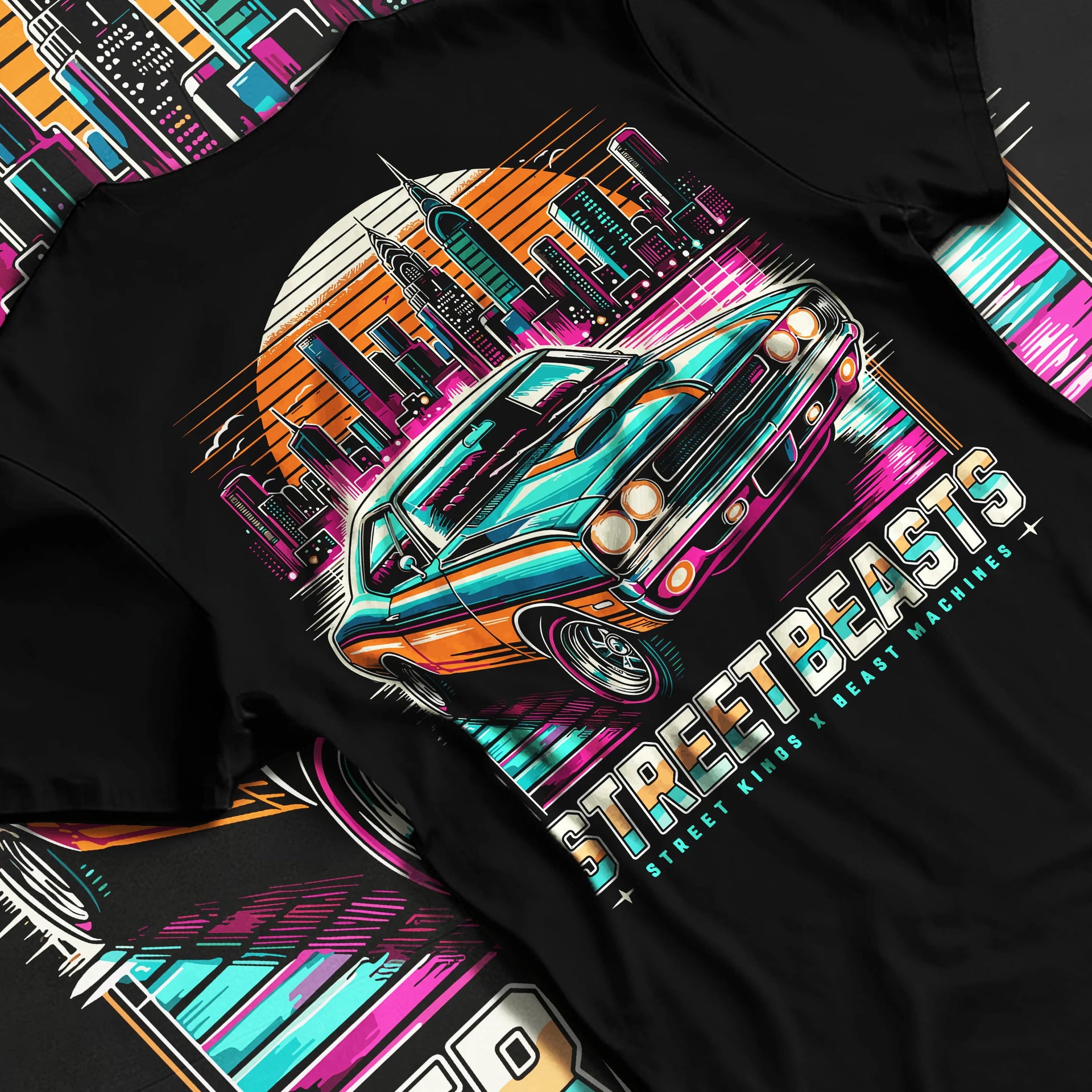 Black T-shirt laid flat with natural fabric folds, featuring racing drift muscle street retro beast performance motorsport graphic.