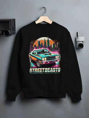 Black crewneck sweatshirt on a hanger against a grey wall, featuring racing drift muscle street retro beast performance graphic.