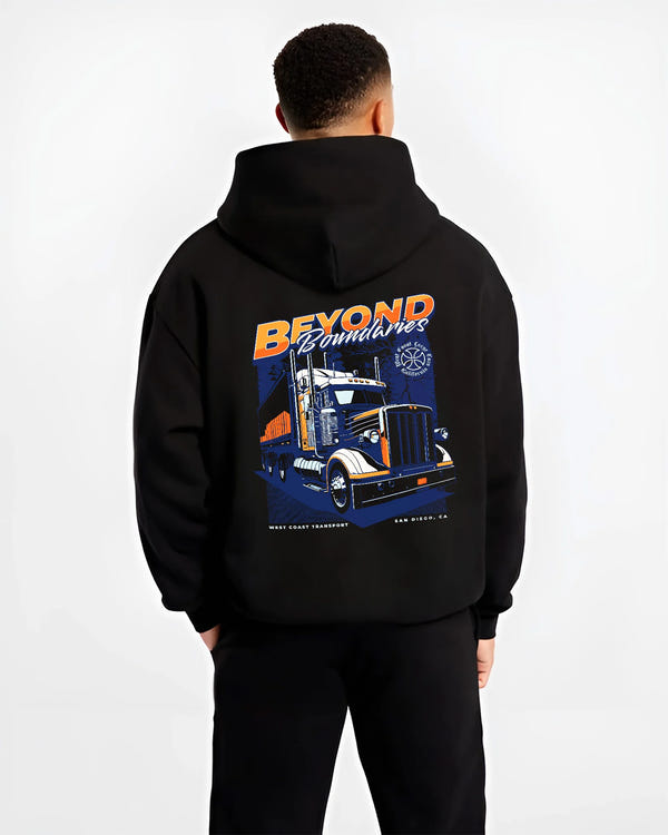 Black hoodie worn by a male model, back view, featuring enthusiast racing street performance motorsport automotive power graphic.