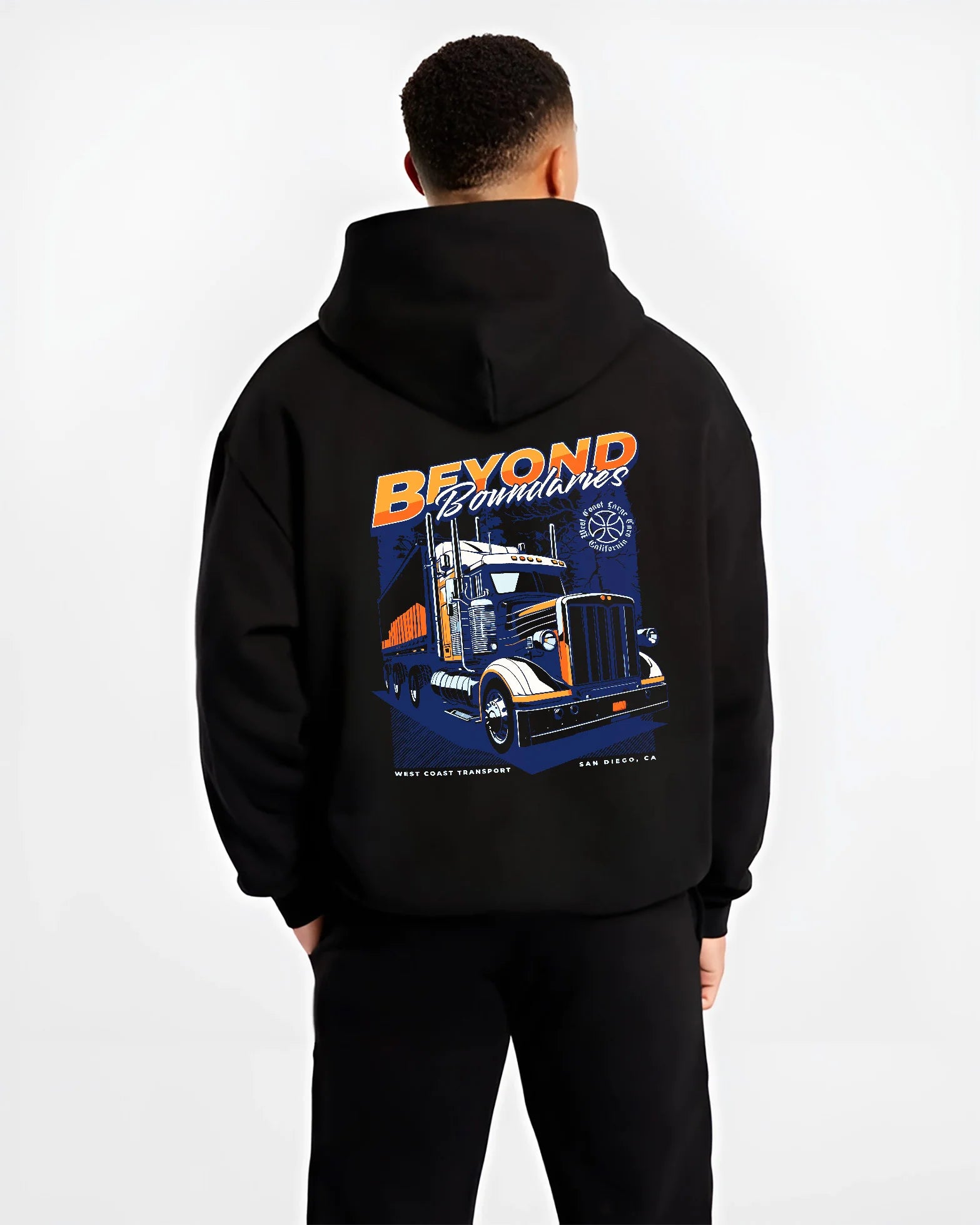Black hoodie worn by a male model, back view, featuring enthusiast racing street performance motorsport automotive power graphic.