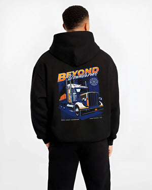 Black hoodie worn by a male model, back view, featuring enthusiast racing street performance motorsport automotive power graphic.