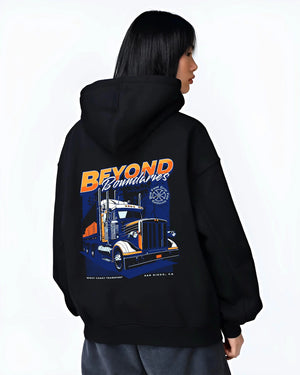 Black hoodie worn by a female model, back view, featuring enthusiast racing street performance motorsport automotive power graphic.