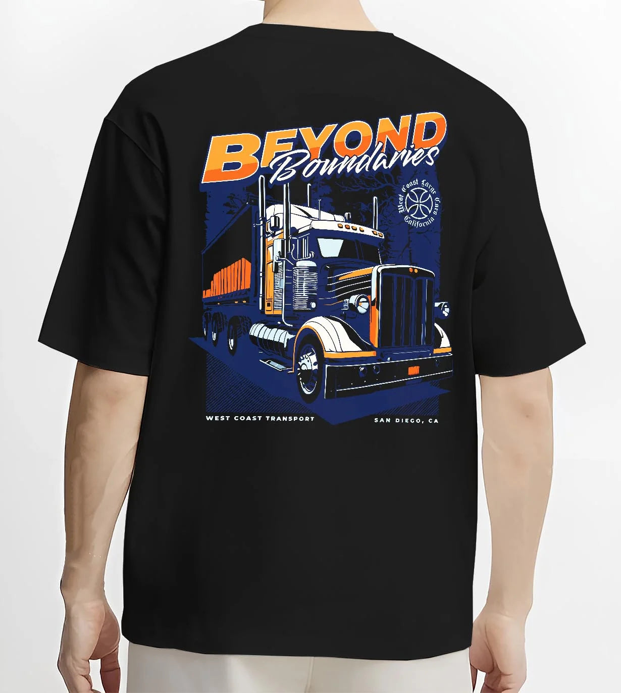 Black T-shirt worn by a male model, back view, featuring enthusiast racing street performance motorsport automotive power graphic.