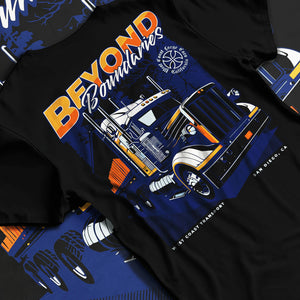 Black T-shirt laid flat with natural fabric folds, featuring enthusiast racing street performance motorsport automotive graphic.