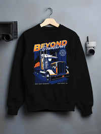 Black crewneck sweatshirt on a hanger against a grey wall, featuring enthusiast racing street performance motorsport graphic.