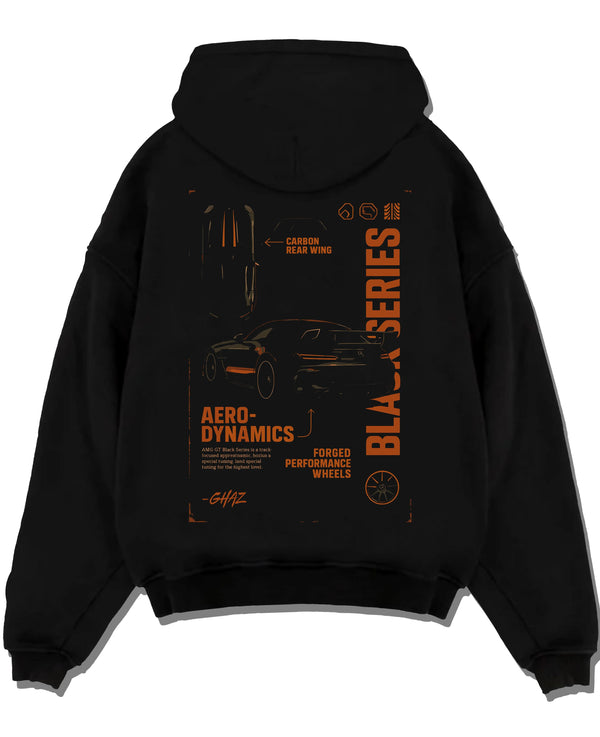 Black pullover hoodie laid flat on a white background, featuring Mercedes-Benz AMG rs racing motorsport street performance blkamg.