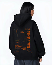 Black hoodie worn by a female model, back view, featuring Mercedes-Benz AMG rs racing motorsport street performance blkamg.