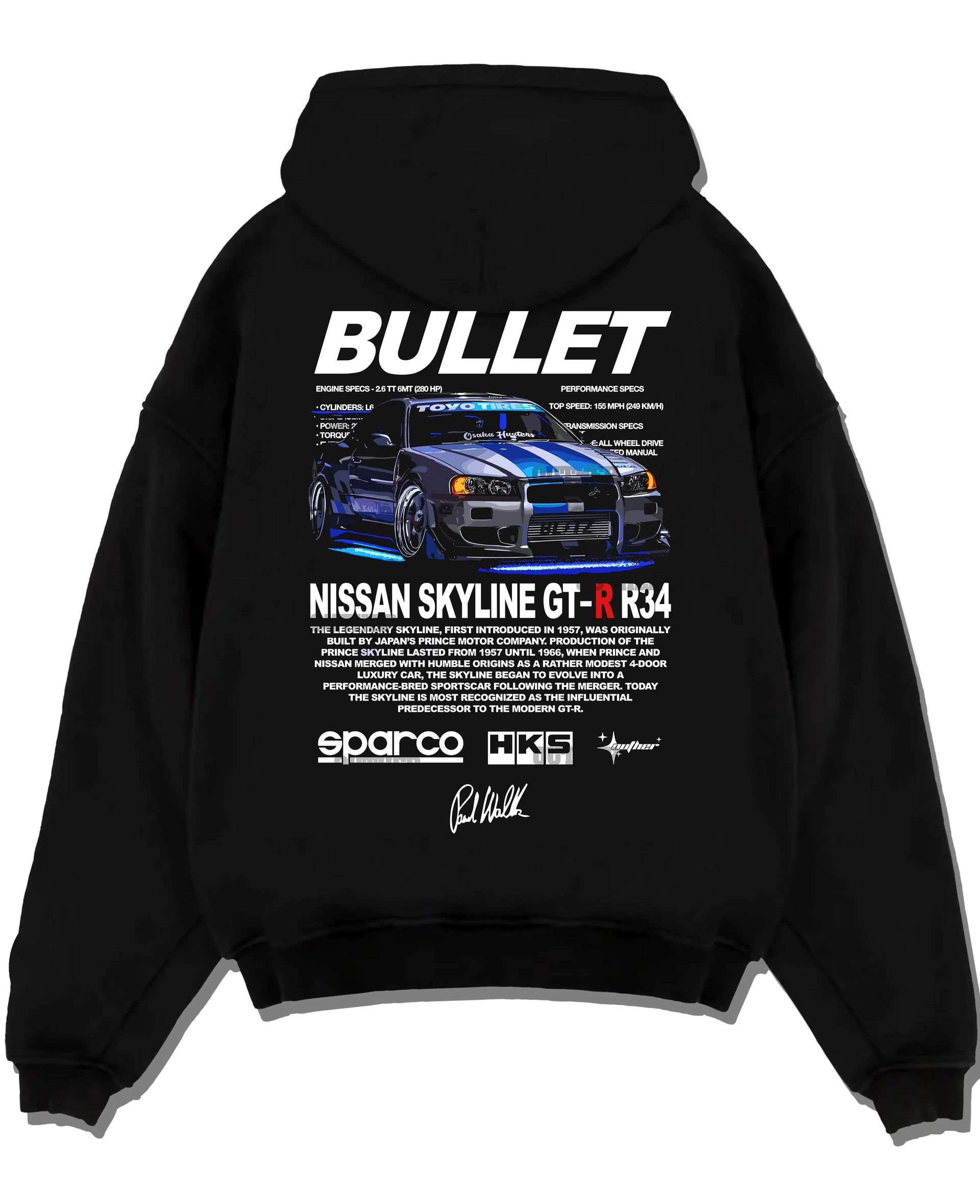Black pullover hoodie laid flat on a white background, featuring Nissan Skyline R34 gt r r34 skyline racing drift jdm graphic.