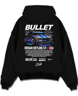 Black pullover hoodie laid flat on a white background, featuring Nissan Skyline R34 gt r r34 skyline racing drift jdm graphic.
