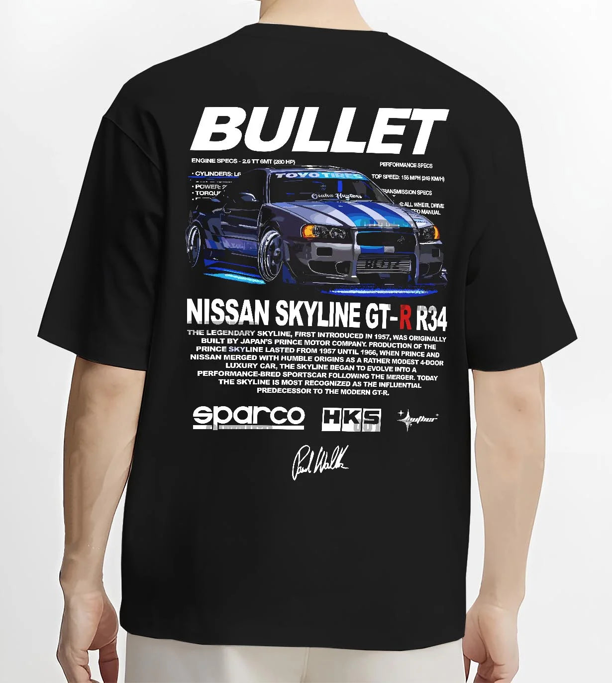 Black T-shirt worn by a male model, back view, featuring Nissan Skyline R34 gt r r34 skyline racing drift jdm street graphic.