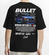 Black T-shirt worn by a male model, back view, featuring Nissan Skyline R34 gt r r34 skyline racing drift jdm street graphic.