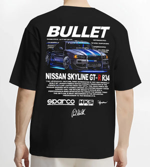 Black T-shirt worn by a male model, back view, featuring Nissan Skyline R34 gt r r34 skyline racing drift jdm street graphic.